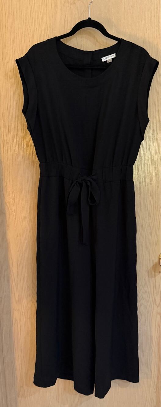 Calvin Klein Black Wide Leg Jumpsuit Size 10 Tie Waist Cap Sleeve Pockets